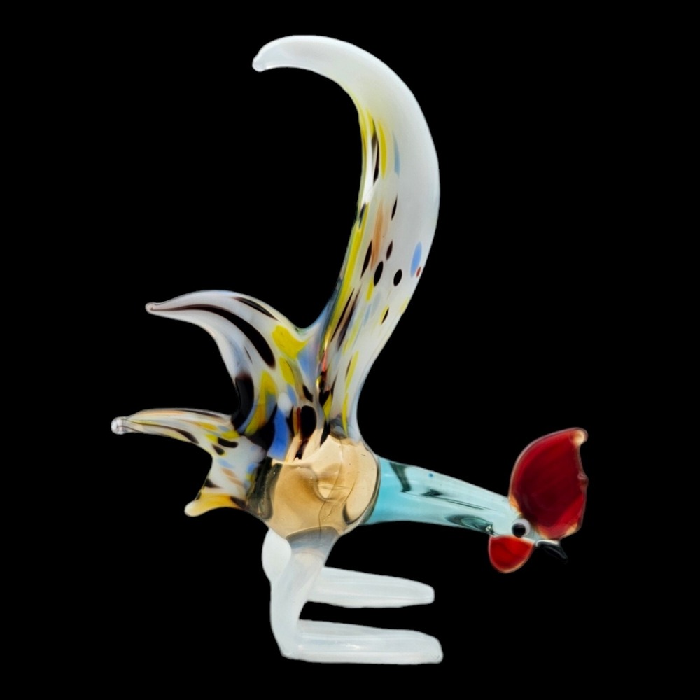 Murano Style Art Glass Rooster Figurine Hand Blown Colorful Confetti Small 3.75"